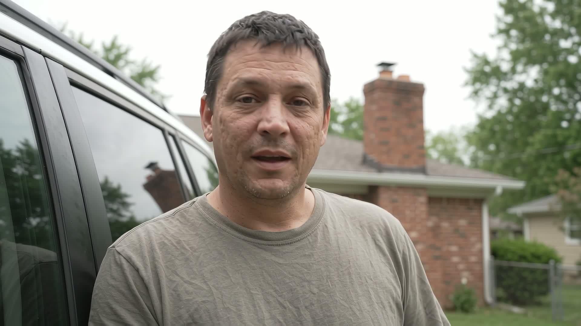 Actor portraying a homeowner discussing chimney inspection