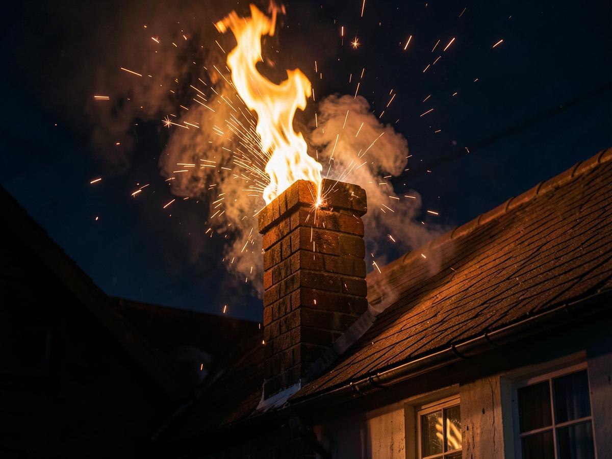 Flames and sparks erupting from a chimney during a chimney fire