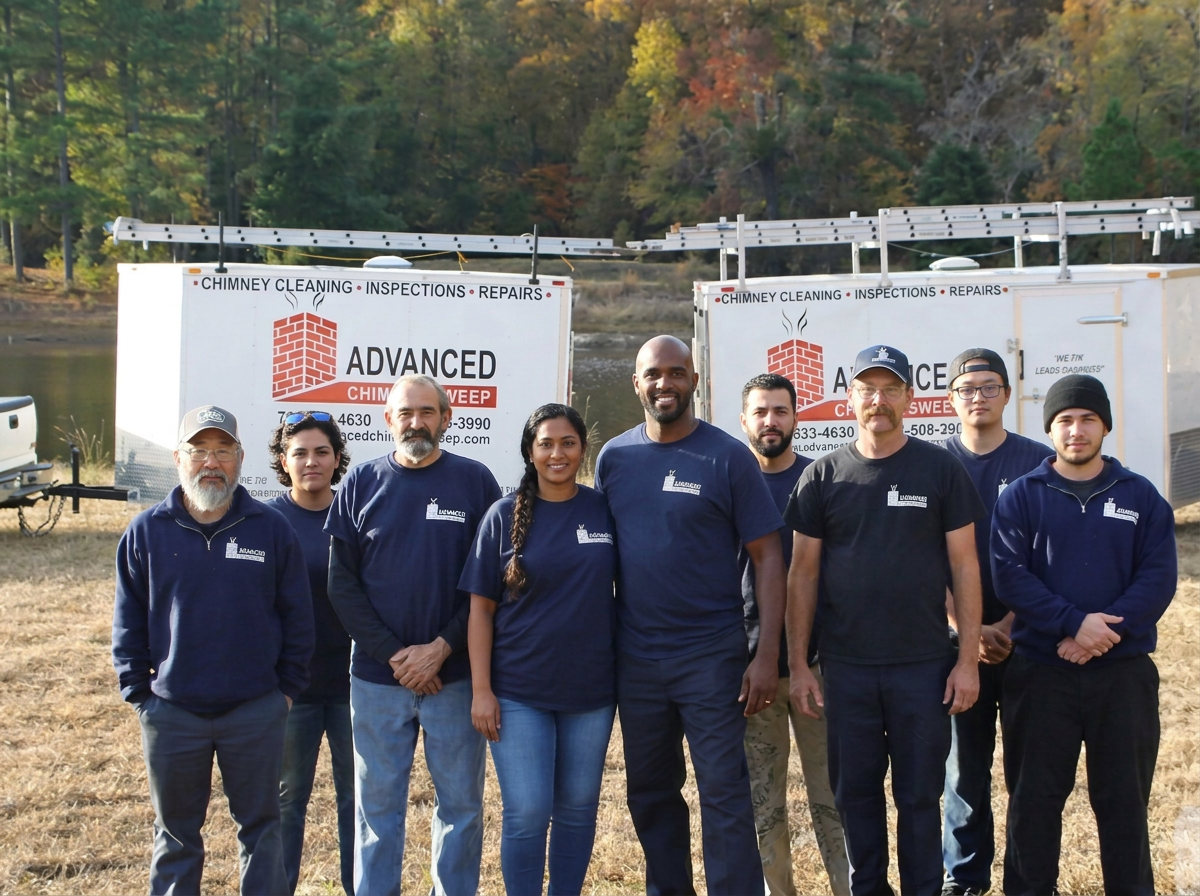 Thompson Chimney crew standing together outdoors by the work trailers